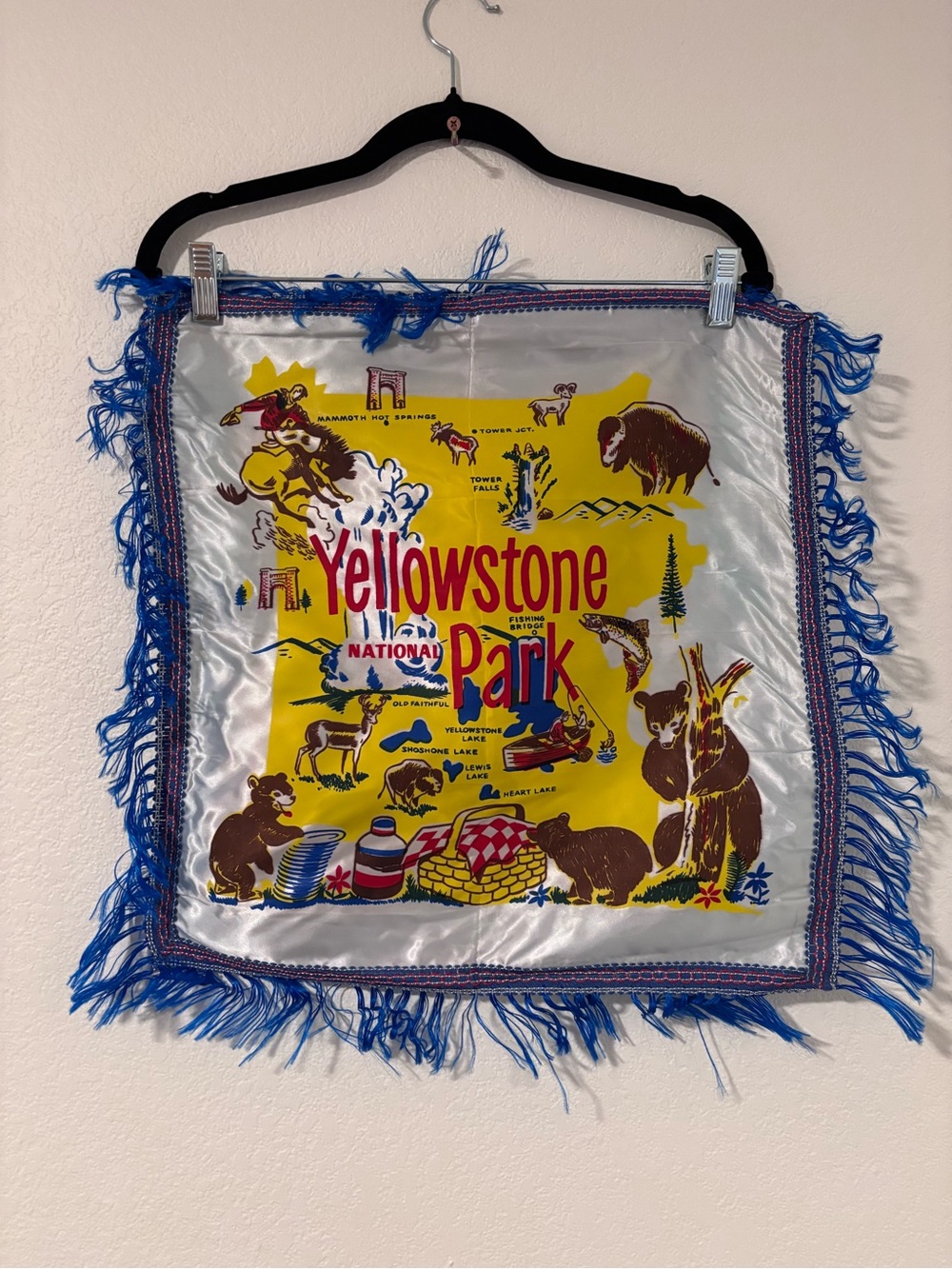 Vintage Yellowstone Pillowcase Cover  - Blue Fringed Souvenir 18” x17”